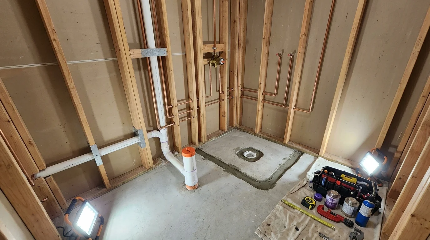 Bathroom rough-in plumbing during remodel by Johns Plumbing LLC in Forest Park
