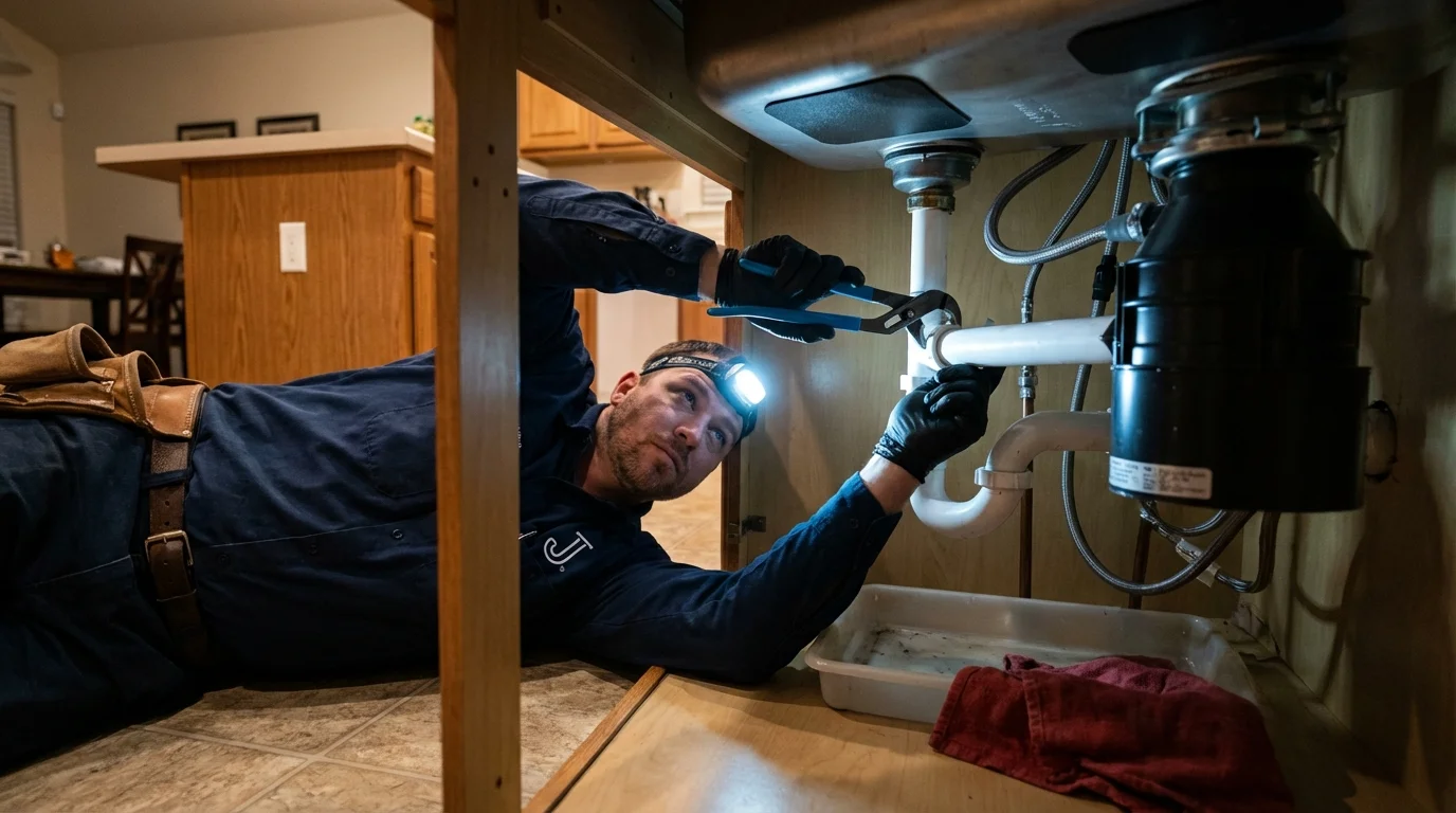P-trap and supply line connections under a kitchen sink showing a common leak point in Forest Park, GA